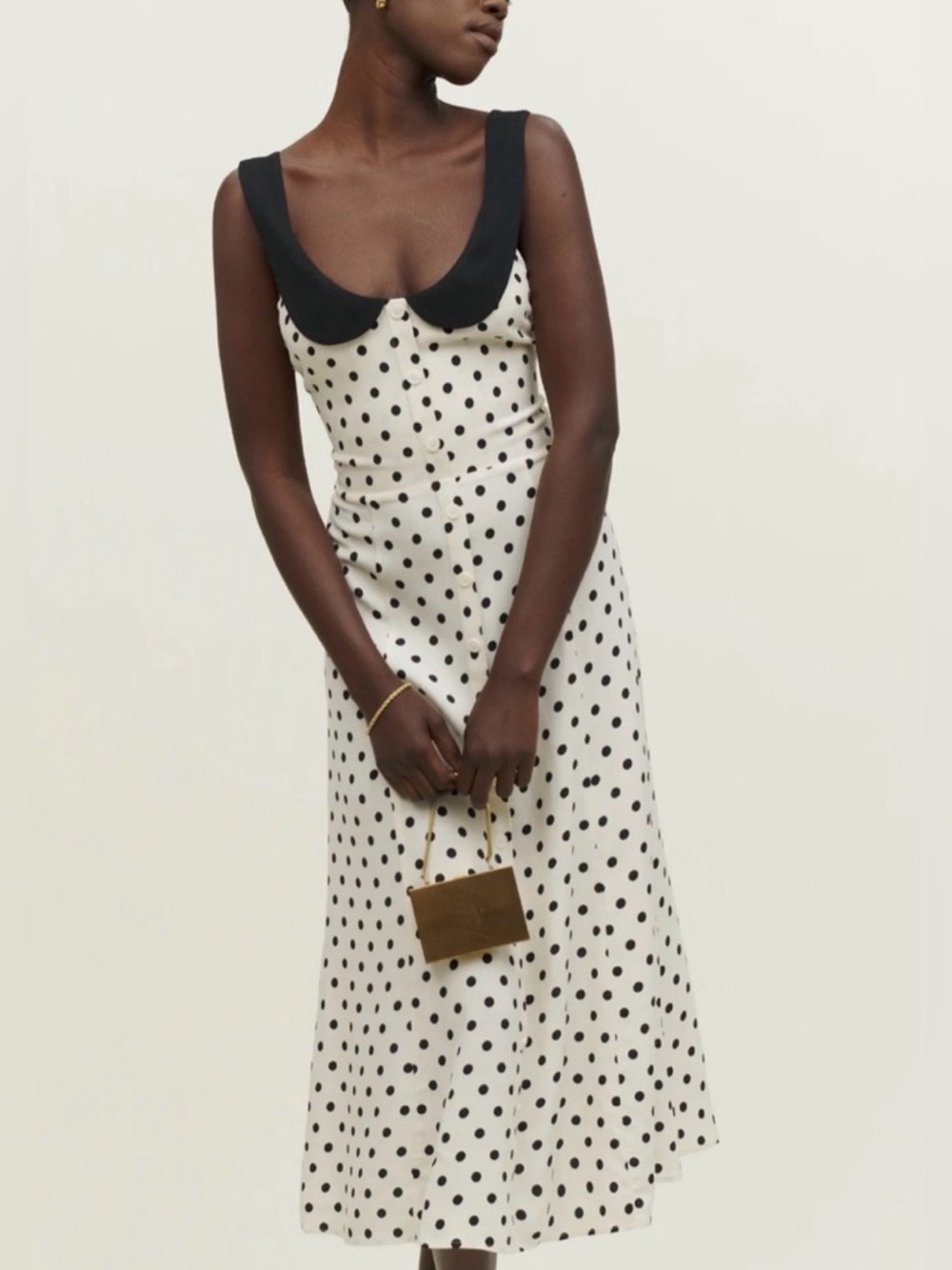 Reformation Cream Polka Dot Midi Dress with Black Collar